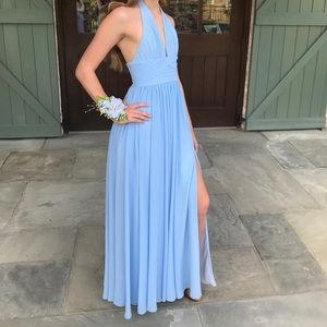 Light Blue Prom Formal Dress Deep Neckline & Slit